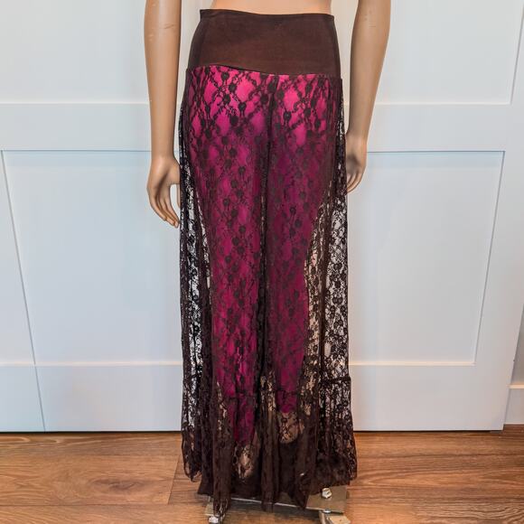 Elietian Ver'e'ne Western Brown Lace Maxi Skirt Attachd Hot Pink Leggings-Medium - Picture 2 of 9
